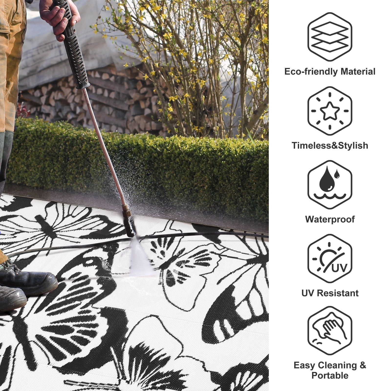 Lahome 6x9 Butterfly Outdoor Rug, Large Black&White Waterproof Reversible Patio Rugs, Portable Plastic Straw Carpet for Garden Backyard Beach