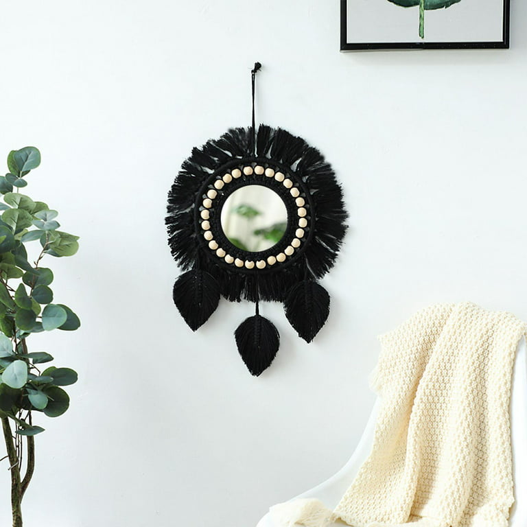 Macrame Fringe Wall Mirror Decor Round Wall for Living  Room/Bedroom/Bathroom/Entryway/Home , Leaves 62cm 