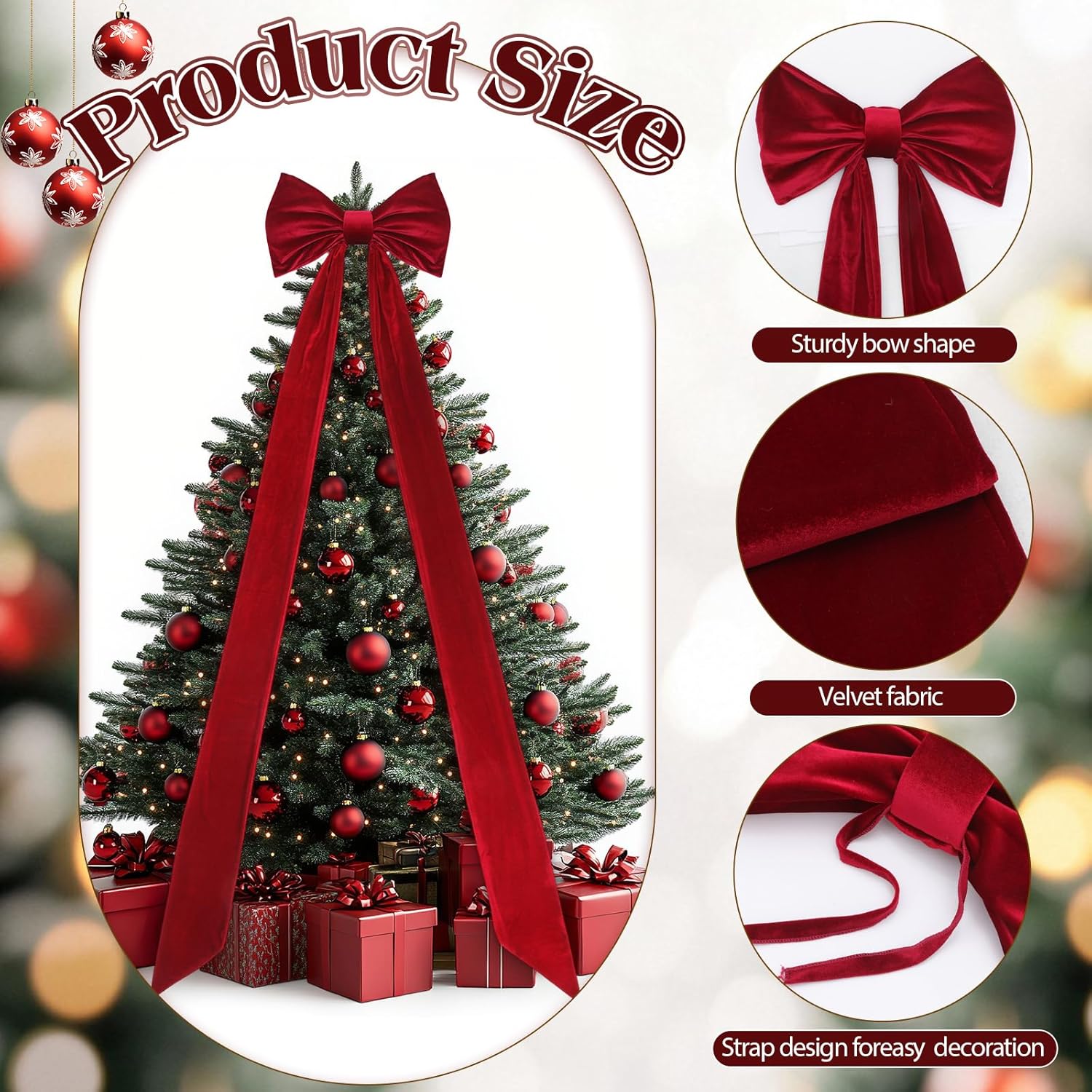 Christmas Tree Topper Bow 90x18 Inch Giant Large Velvet Bow with Long Streamers Huge Decorative Wrapping Gift Decor for Xmas Tree Front Door Patio Outdoor Wedding Arch