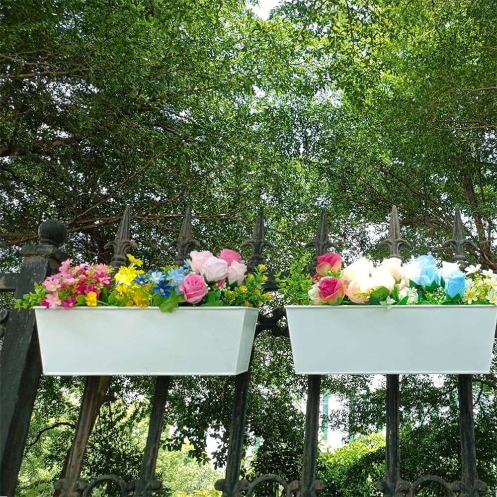 Scheam White Metal Railing Planter,2 Pcs Rectangular Hanging Flower Pots with Detachable Hooks,Large Window Planter Boxes,Countryside Style Fence Flower Buckets,for Indoor Outdoor