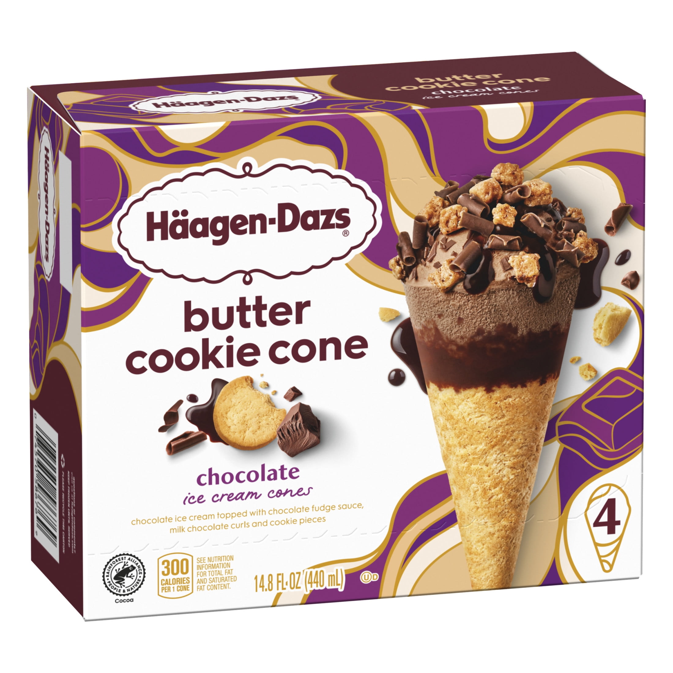 Haagen Dazs Chocolate Butter Cookie Ice Cream Cone Dessert, 4 Count Package