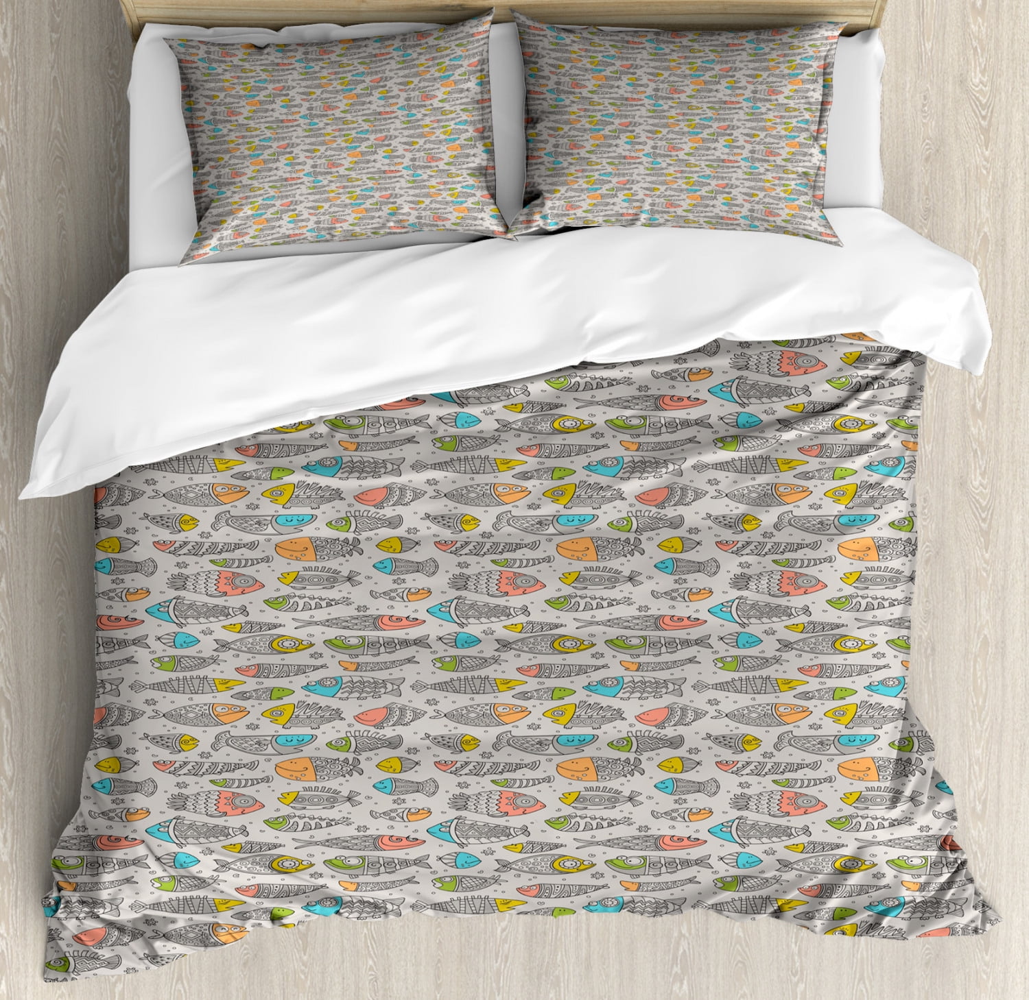 Fish Duvet Cover Set King Size Sketch Boat And Ethnic Motifs