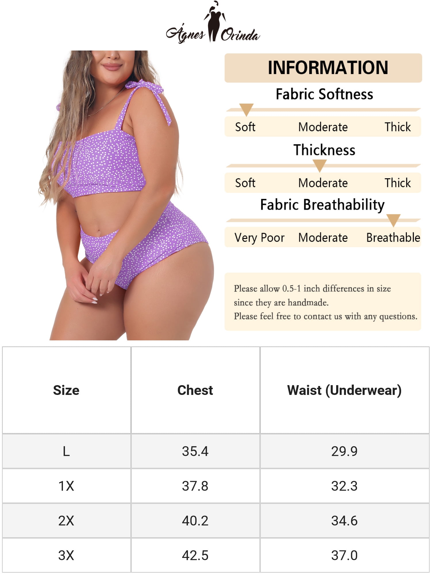 DARING DIVA Women's Plus 2pcs Polka Dots Bikini Bandeau Suits 2X Purple