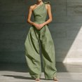 thumbnail image 7 of JULMCOMO Jumpsuits for Women One Shoulder Bow Tie Waist Vacation Summer Rompers Wide Leg Baggy Dressy Jumpsuit with Pockets Green S, 7 of 7