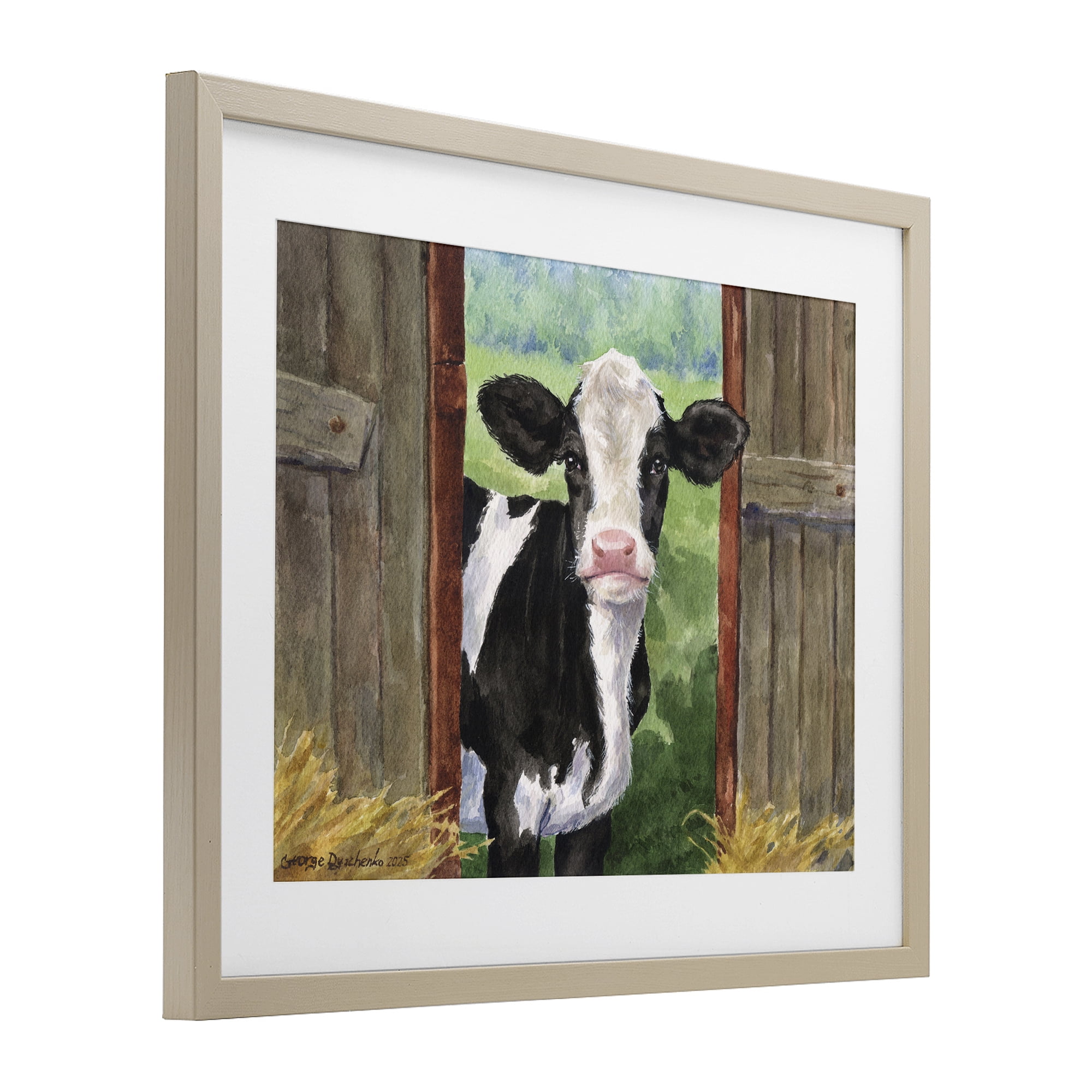 Stupell Industries Cow in Wooden Gate Birch Framed Print Under Glass, design by George Dyachenko