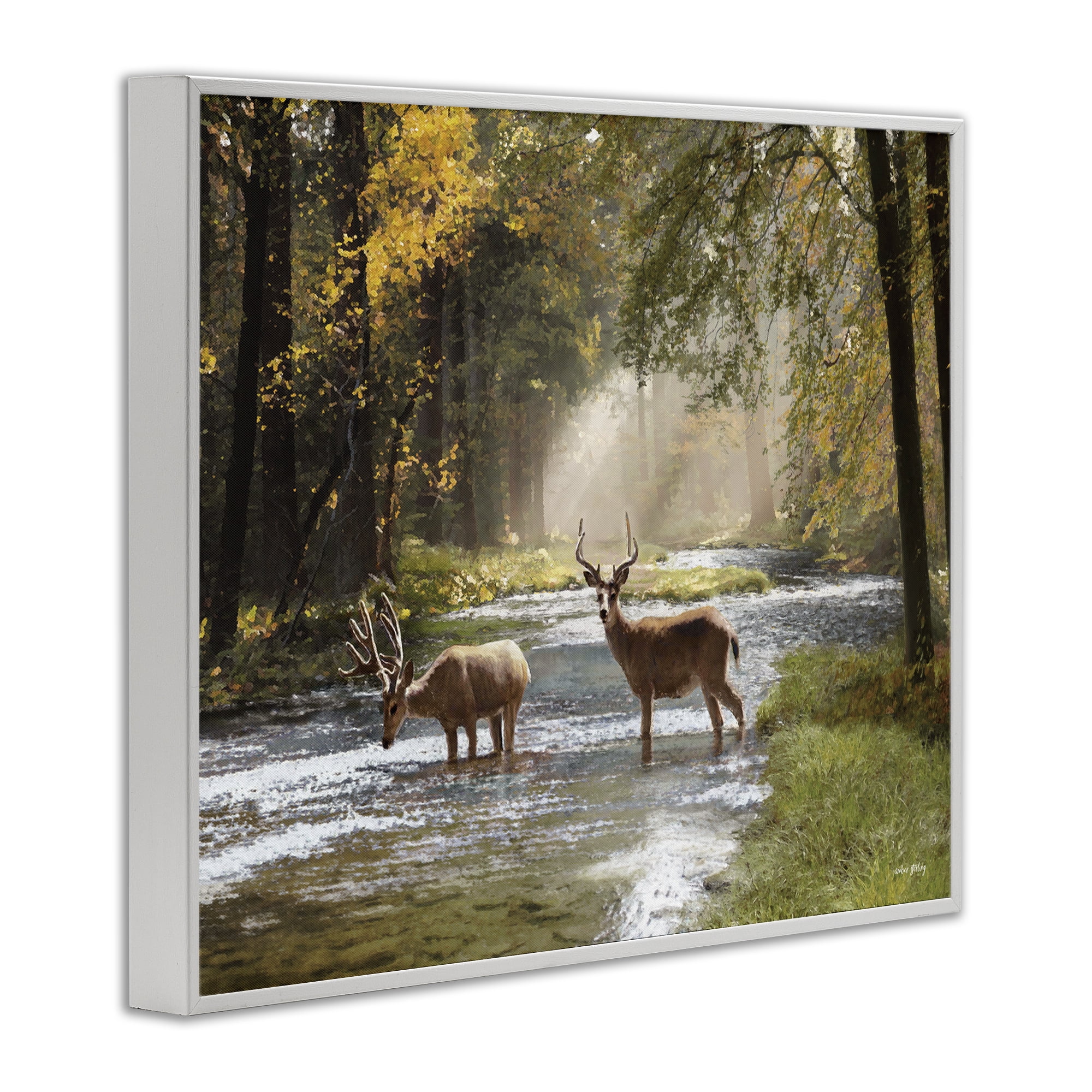 Stupell Industries Deer Grazing in Creek Landscape Painting White Framed Art Print Wall Art, 20 x 16