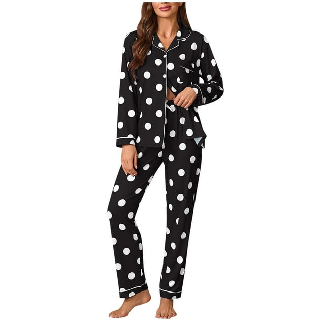 Tnhcen Ensemble de Pyjama pour Femmes à Pois avec Boutons devant - Tenue Décontractée avec Pantalon à Manches Longues, Taille Inclusive pour Dames s-TG