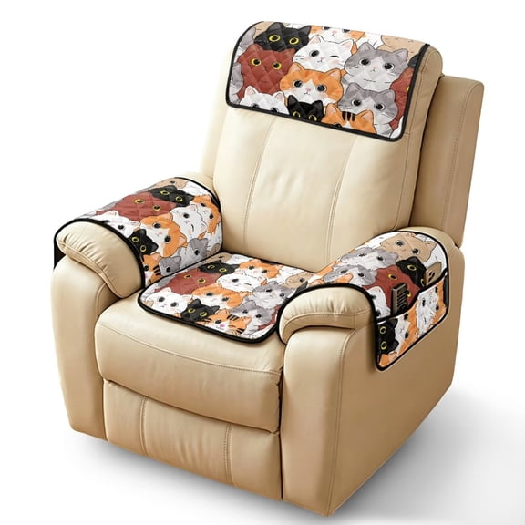 TSOVTHRID Cat Print Non Slip Recliner Chair Covers, Reclining Chair Armrest Cover with Storage Pockets, Washable Comfy Recliner Couch Slipcovers for Home