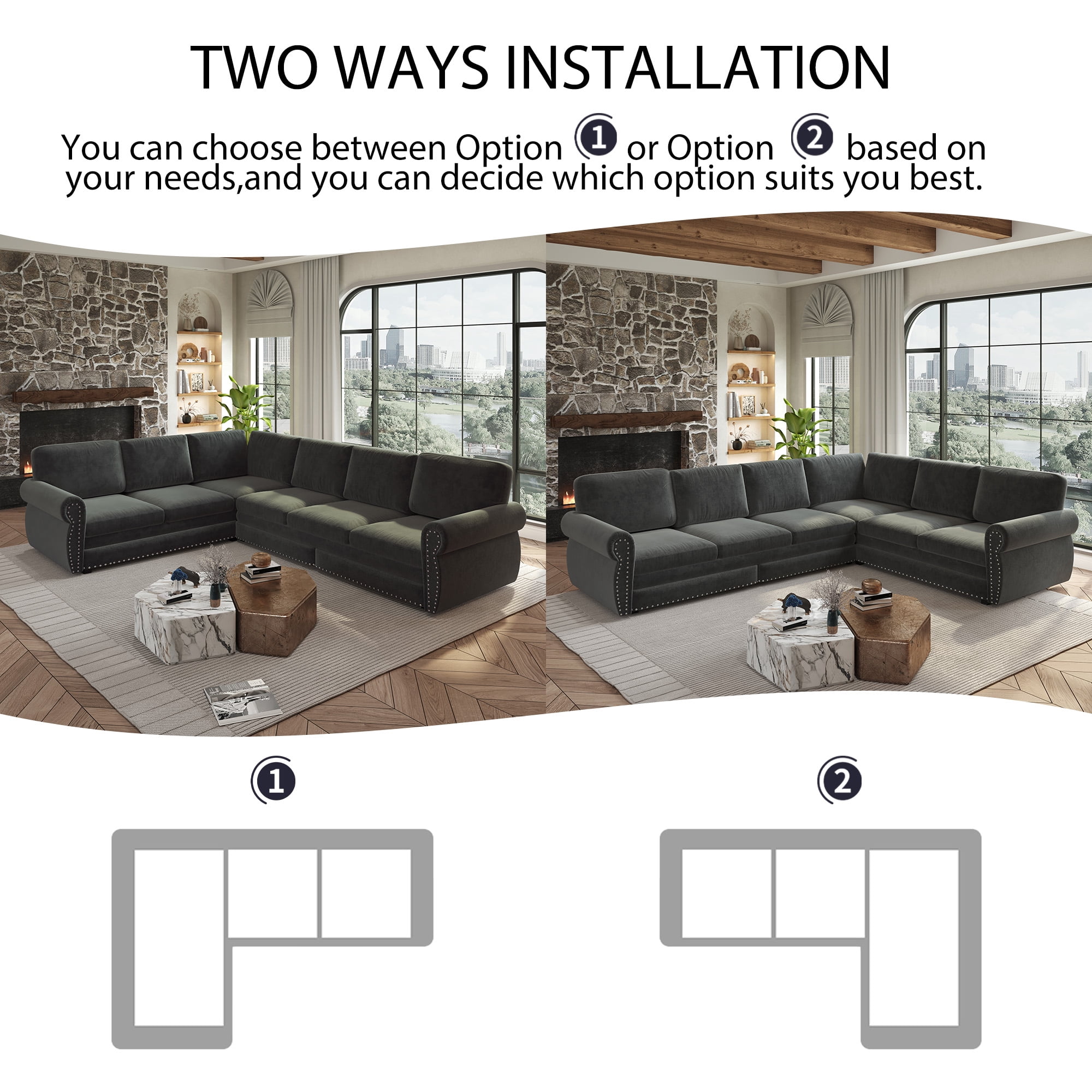 LLappuil Sectional Sofa Couch, Oversized Chenille Sofa with Pull Out Sofa Bed for Living Room Dark Gray