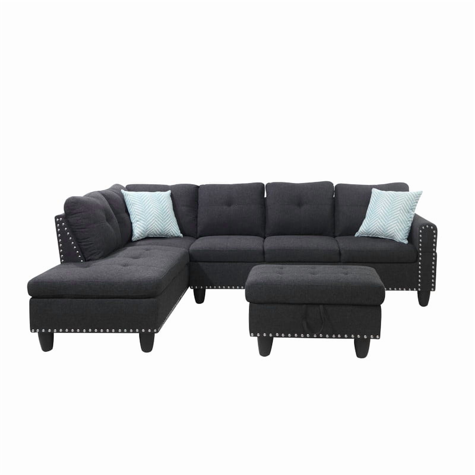 98" L-Shaped Sectional Sofa with Storage Ottoman, 4-Seat Linen Upholstered Modular Couch with Left Chaise, Drop-Down Backrest with Cup Holders, Nailhead Trim, 3-Piece Sofa Set for Living Room, Office