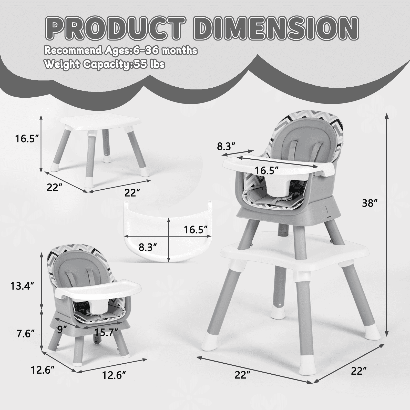 LINLUX 8 in 1 Convertible High Chair for Babies, Feeding Booster Seat for Toddlers, Chevron