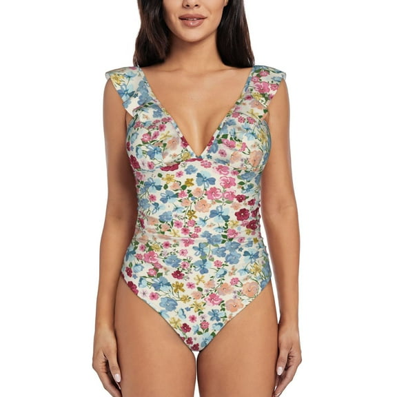 Picia Trendy Floral Design Blooming Jelly Womens Tummy Control Bathing Suits Slimming Ruffle Swimsuit One Piece Lace Swimwear-