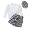 thumbnail image 1 of URMAGIC Little Toddler Baby Girl Fall Winter Outfits Puff Sleeve Sweater Woolen Plaid Button Skirt Hat 3Pcs Clothes Set 4-7T, 1 of 11