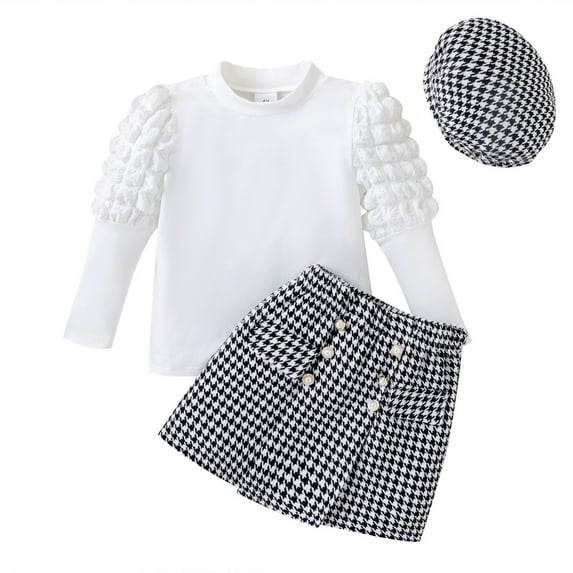 URMAGIC Little Toddler Baby Girl Fall Winter Outfits Puff Sleeve Sweater Woolen Plaid Button Skirt Hat 3Pcs Clothes Set 4-7T