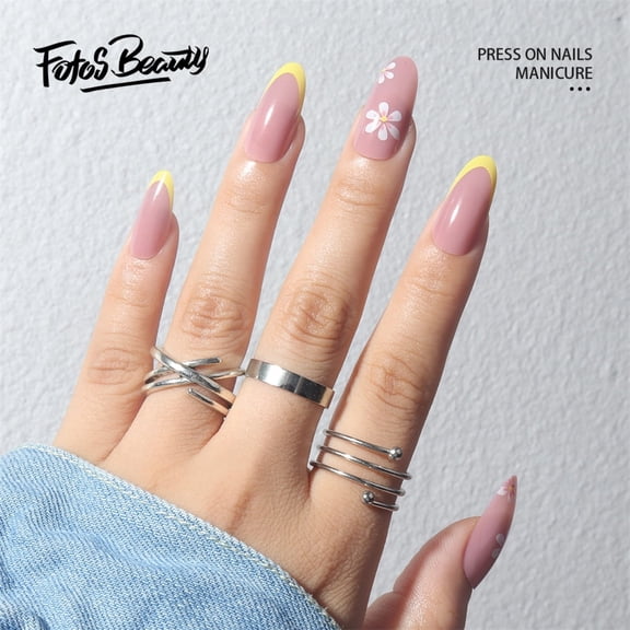 Fofosbeauty 24pcs Press on False Nails Tips, Almond Fake Nails, Almond French Small Flower Nude