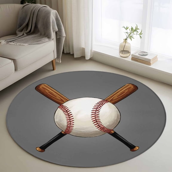 Gray Baseball Round Area Rug 4Ft Washable Circle Rugs for Bedroom Dining Room, Modern Sport Games Watercolor Non-Slip Carpet Floor Mats Indoor Outdoor Carpet Runner Aesthetic Home Decor