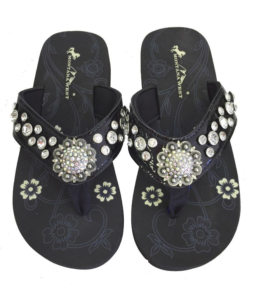 montana west women flip flops shiny bling sandals crystals floral concho  black - Walmart.com