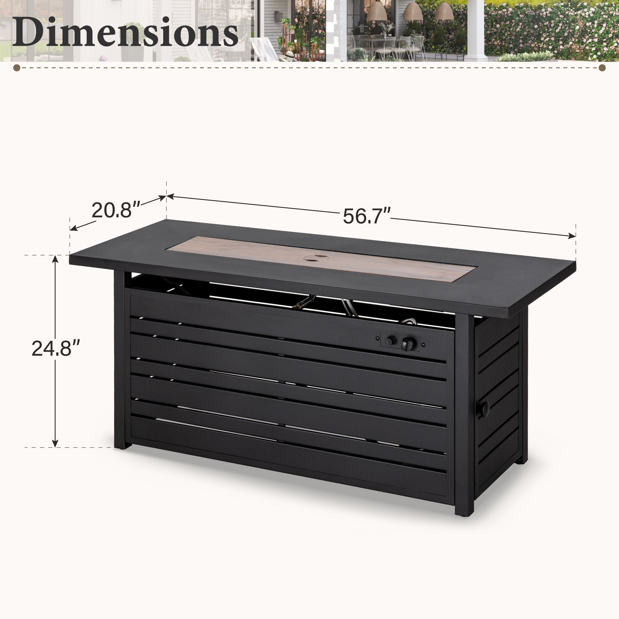 SUMMIT LIVING 56" Rectangular Propane Fire Pit Table, 50,000 BTU Gas Fire Pit with Lid and Blue Fire Glass, Black