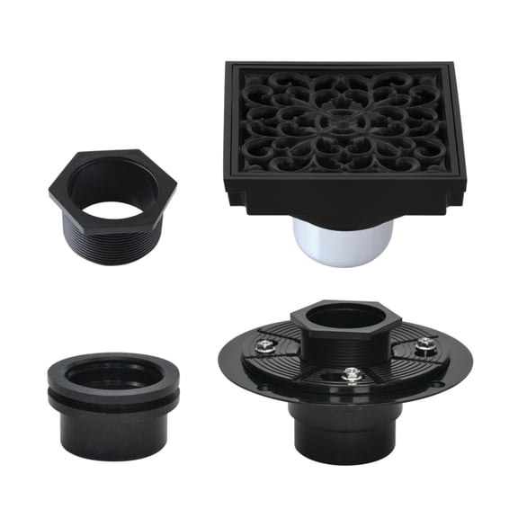 Kingston Brass BSFK9771MB Watercourse 4-Inch Brass Square Grid Shower Drain with Hair Strainer and Base Flange in Matte Black