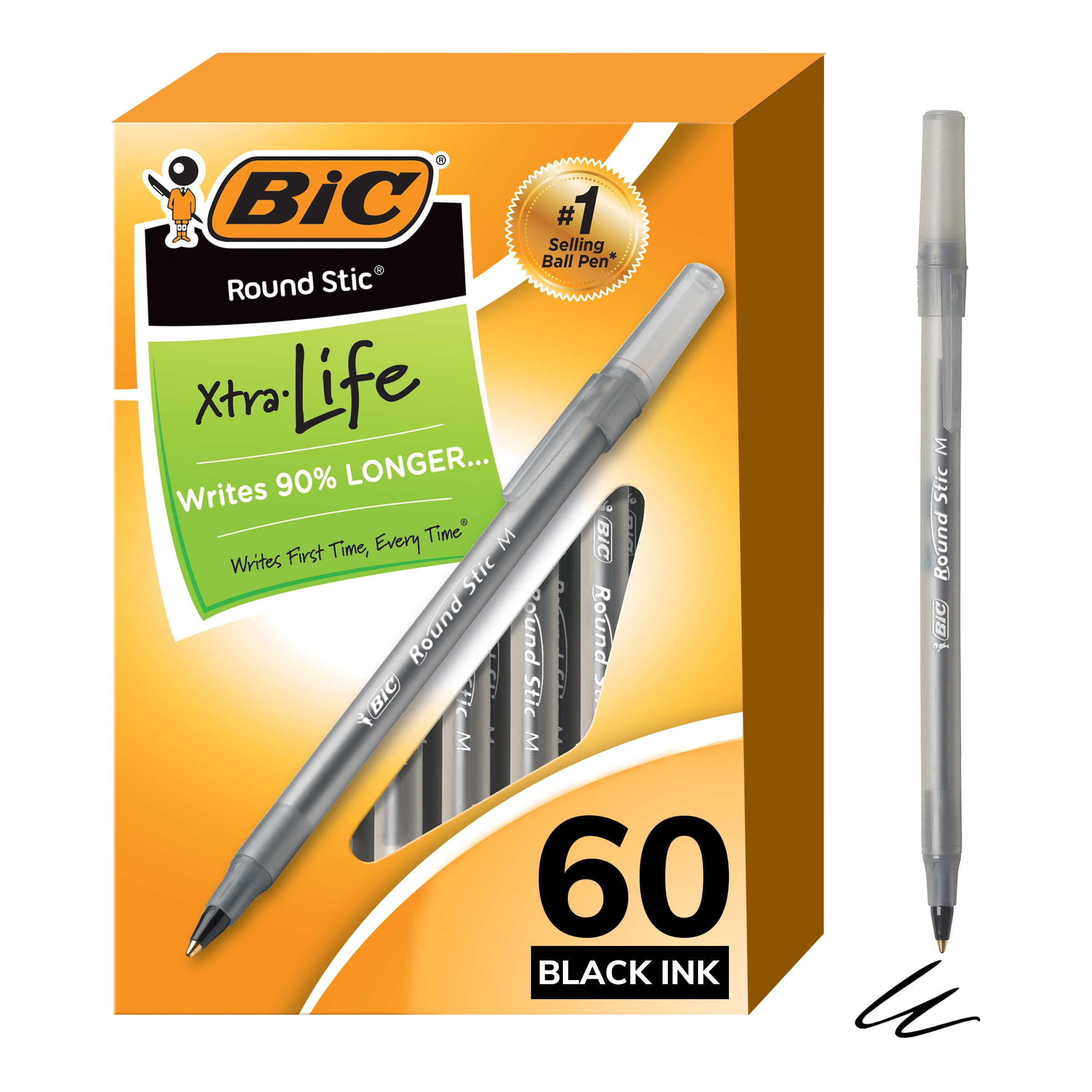 BIC Round Stic Xtra Life Ballpoint Pens, Medium Point (1.0mm), 60 Count, Black Pens