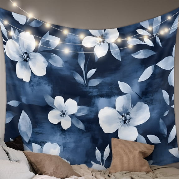 Navy Blue Spring Floral Tapestry for Bedroom Wall Hanging Tapestry, Summer Flowers Watercolor Botanical Ceiling Backdrop Tapestries Poster Blanket Wall Decor for Teens Room Living Room Dorm 59" x 90"