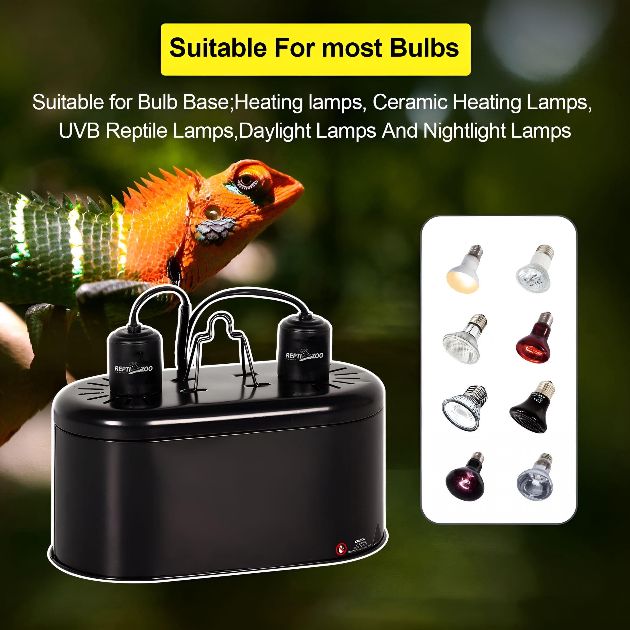 HIBIBUD 2026 New Reptile Heat Lamp Fixture, 150W Uva&Uvb Reptile Light, Dual Lamp Cap for Bearded Dragon Tank for Terrarium,Tank,Hatchling,Adult Reptiles