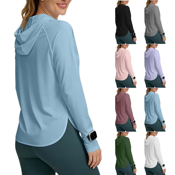 Amzcrzy 2026 Sun Protection Clothing Women Lightweight Upf 50 Breathable Sun Shirts with Hoodie Long Sleeve UV Shirt with Thumb Holes for Hiking, Running, And Outdoor Sports Light Blue S