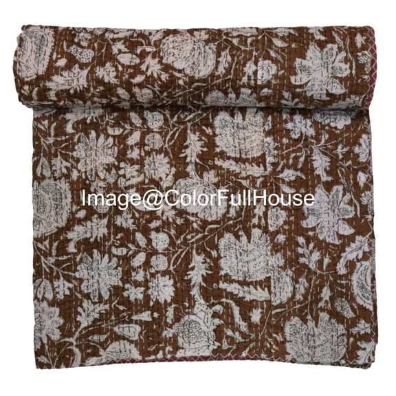 Vintage Floral Kantha Quilt, Cotton Bedspread with White Stitched Pattern, Kantha Gudri ( King 108" x 108" )