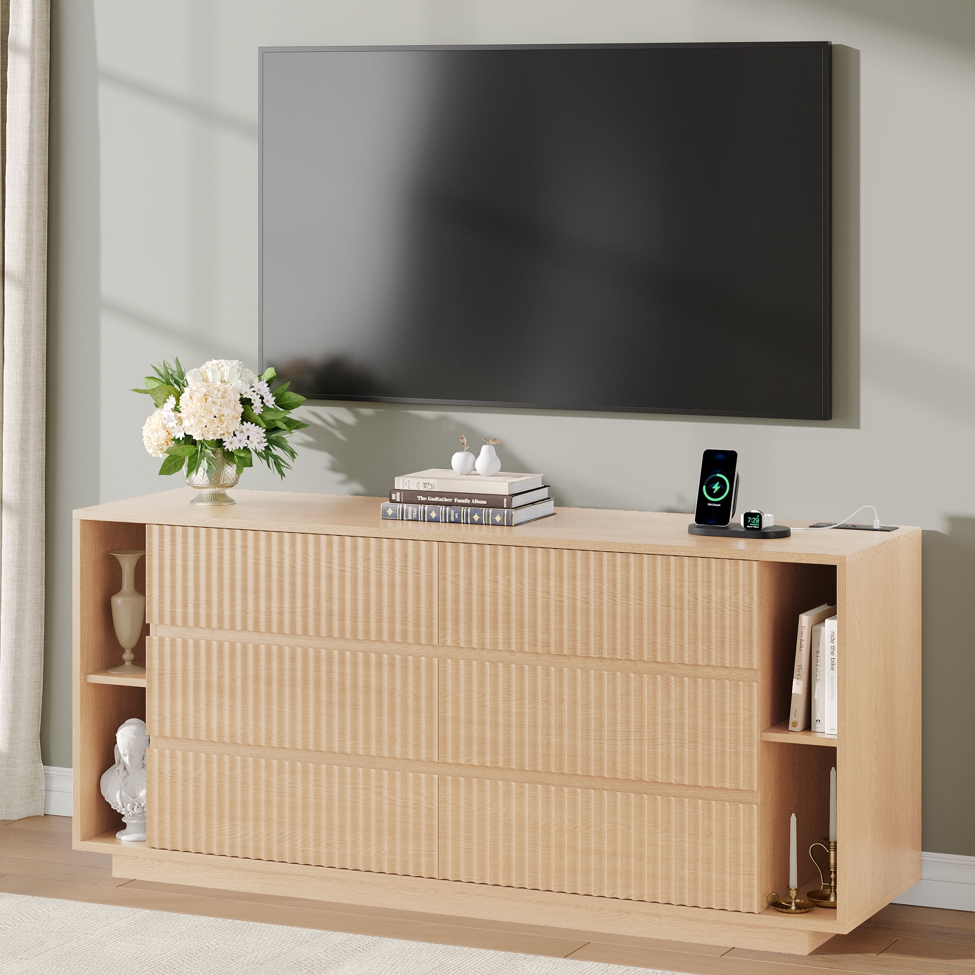 Fluted 6 Drawer Dresser with Shelves, 63'' Wide Bedroom Chest of Drawers, Natural Oak