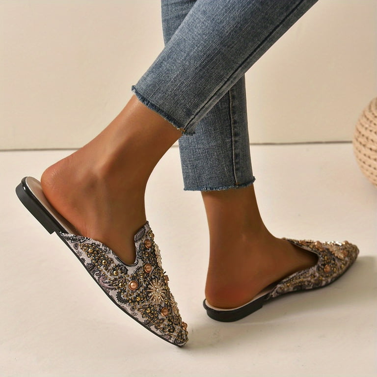 Women s Rhinestone Flat Mules Fashionable Pointed Toe Slip On Anti slip Shoes Versatile Daily Wear Flats Walmart