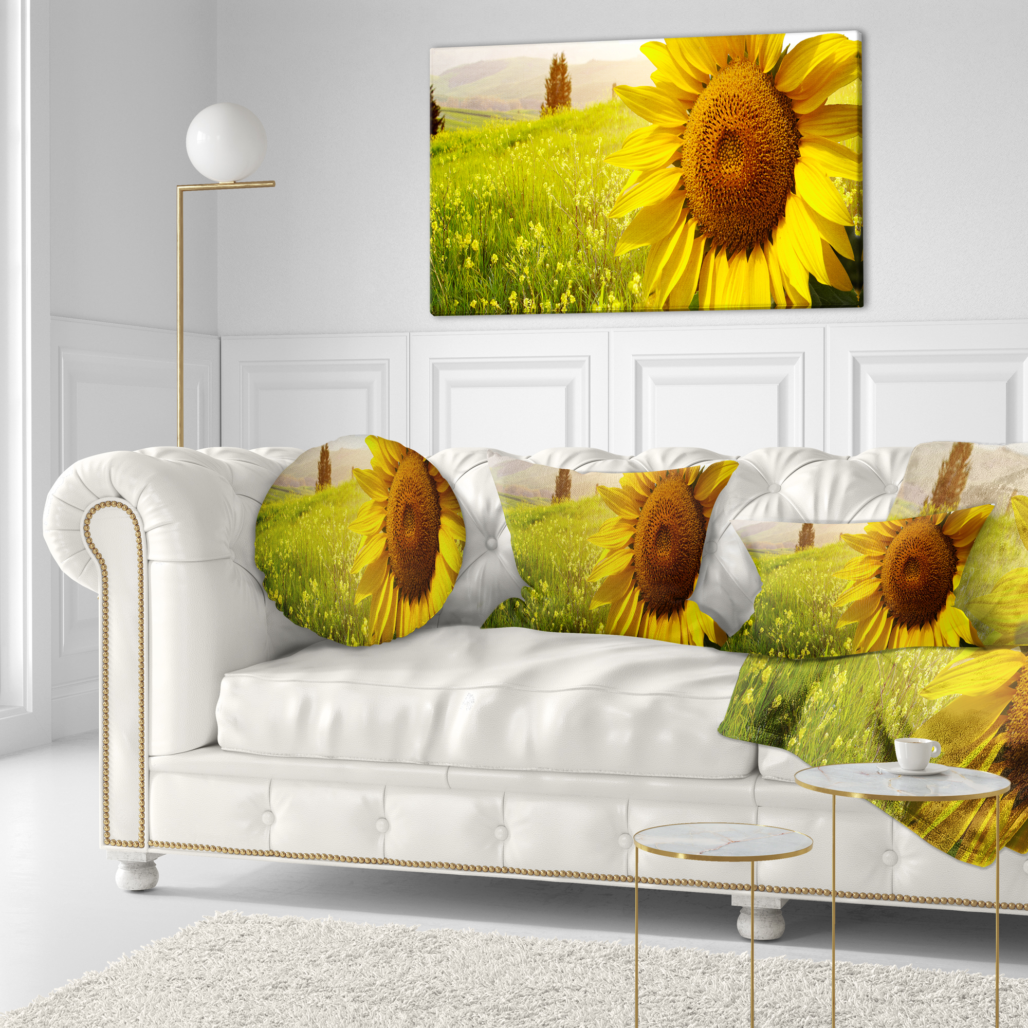 Designart Yellow Field with Big Sunflower - Landscape Printed Throw Pillow - 12x20