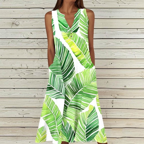QUNYINEY Sleeveless Sundresses for Women Plus Size A-Line Hawaiian Long Dresses Beach Loose Fit Tropical V-Neck Tank Dress