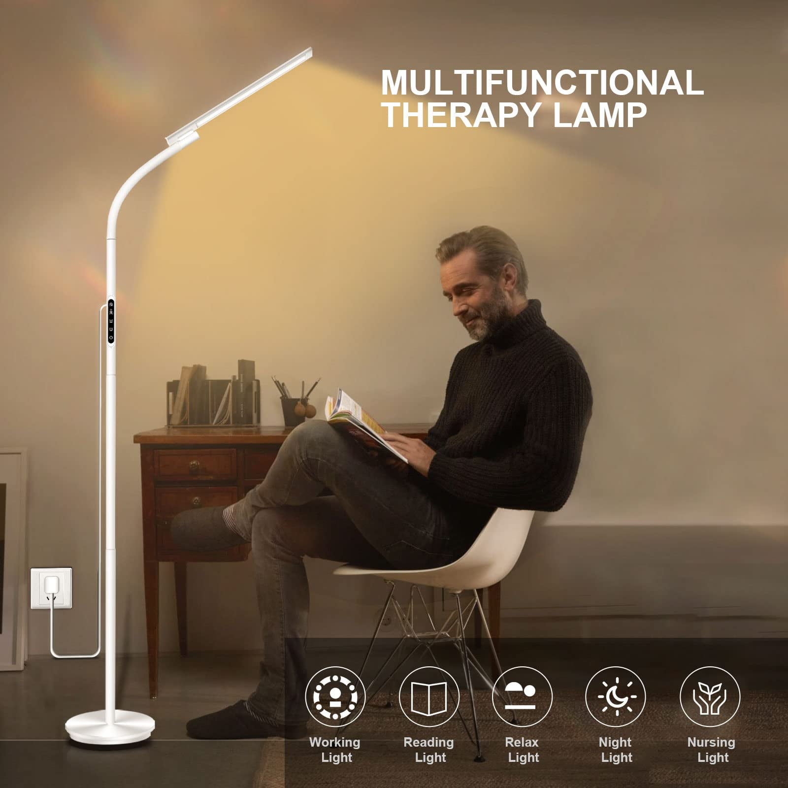 Light Therapy Lamp, UV-Free 10000 Lux Sun Lamp, Daylight Lamp with 2 in 1 Floor & Desk Lamp, 5 Brightness & 5 Color with Touch Control & Remote for Reading/Relaxing/Study
