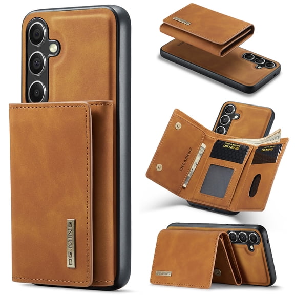 Allytech 2 in 1 Detachable Wallet Case for Samsung Galaxy S24 FE with Cash Pocket & Cash Slots, [Full Body Protection] [Magnetic Clasp] Luxury PU Leather Shockproof Slim Kickstand Case - Brown