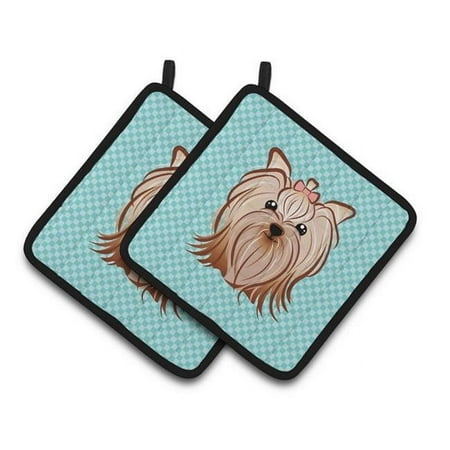 

Checkerboard Blue Yorkie Yorkishire Terrier Pair of Pot Holders