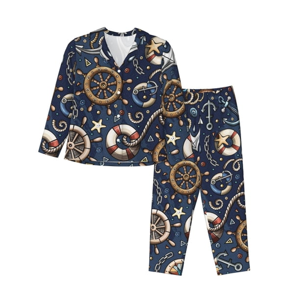 Balery Nautical Conjunto de Pijama con Estampado para Mujer, Conjunto de Dos Piezas con Manga Larga, Ropa de Dormir Suave con Bolsillos, Pijamas Cómodos-Medium