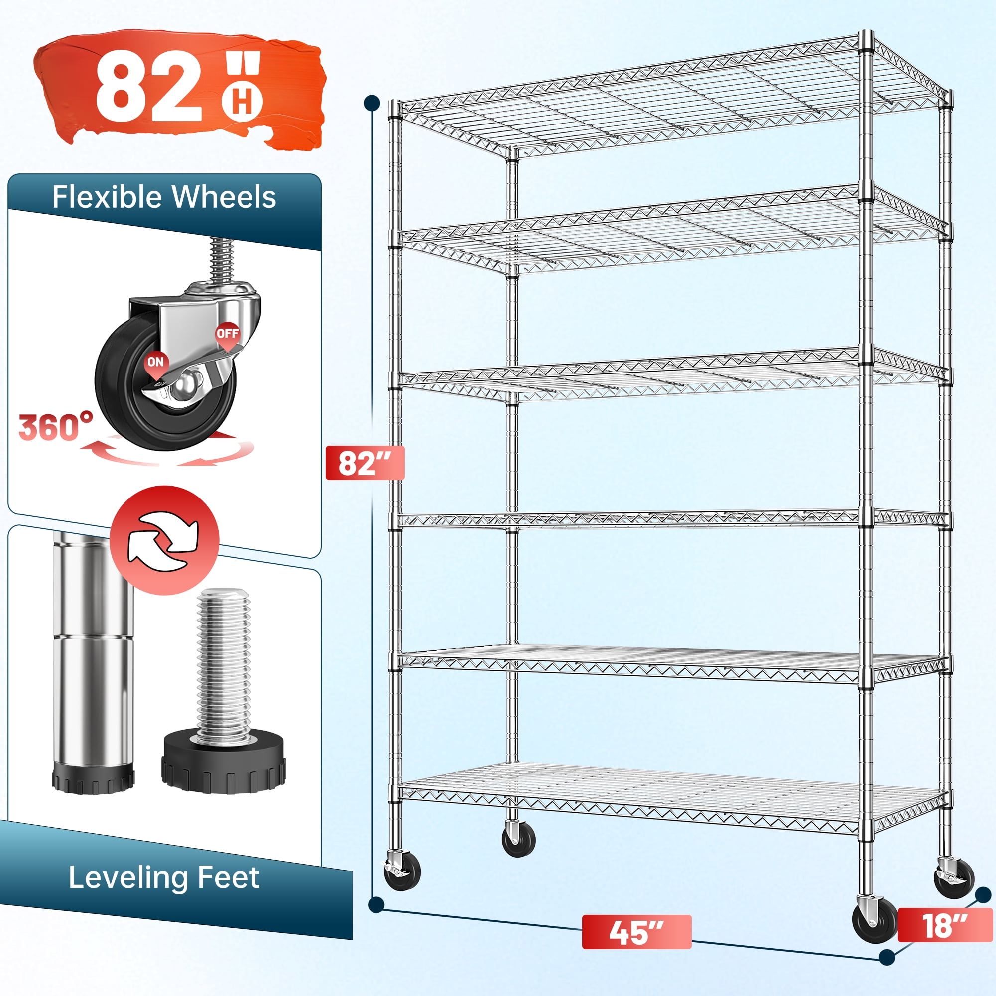 REIBII 6-Tier Wire Shelving Unit with Wheels, 82"H x 45"W x 18"D, 1800lbs Capacity,Adjustable Metal Storage Shelves for Garage,Kitchen,Pantry,Silver