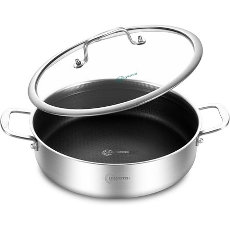 

XXZH 6 QT Hybrid Tri-Ply Stainless Steel Non-Stick Sauté Pan with Lid 12 Inch Deep Frying Pan Large Skillet Jumbo Cooker Induction Pan Oven Safe and Detachable Handle.