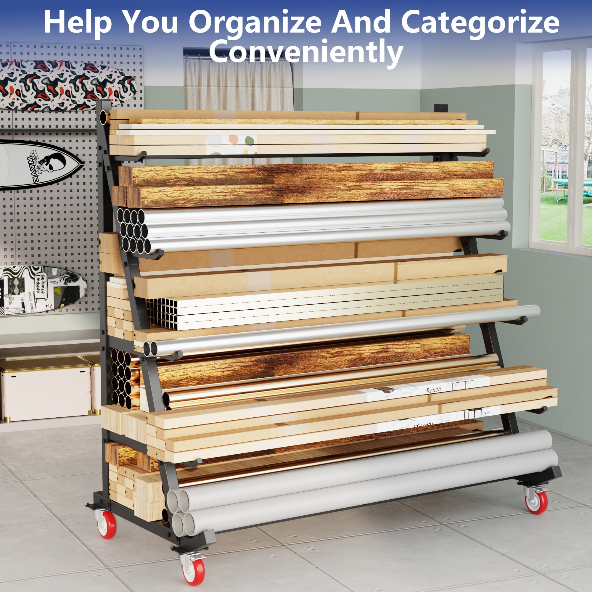 Heavy Duty Lumber Storage Rack, Horizontal Alloy Steel Pipe & Wood Rack with Wheels - 5-Tier Mobile Garage Workshop Organizer (50”W x 25.6”D x 63”H)