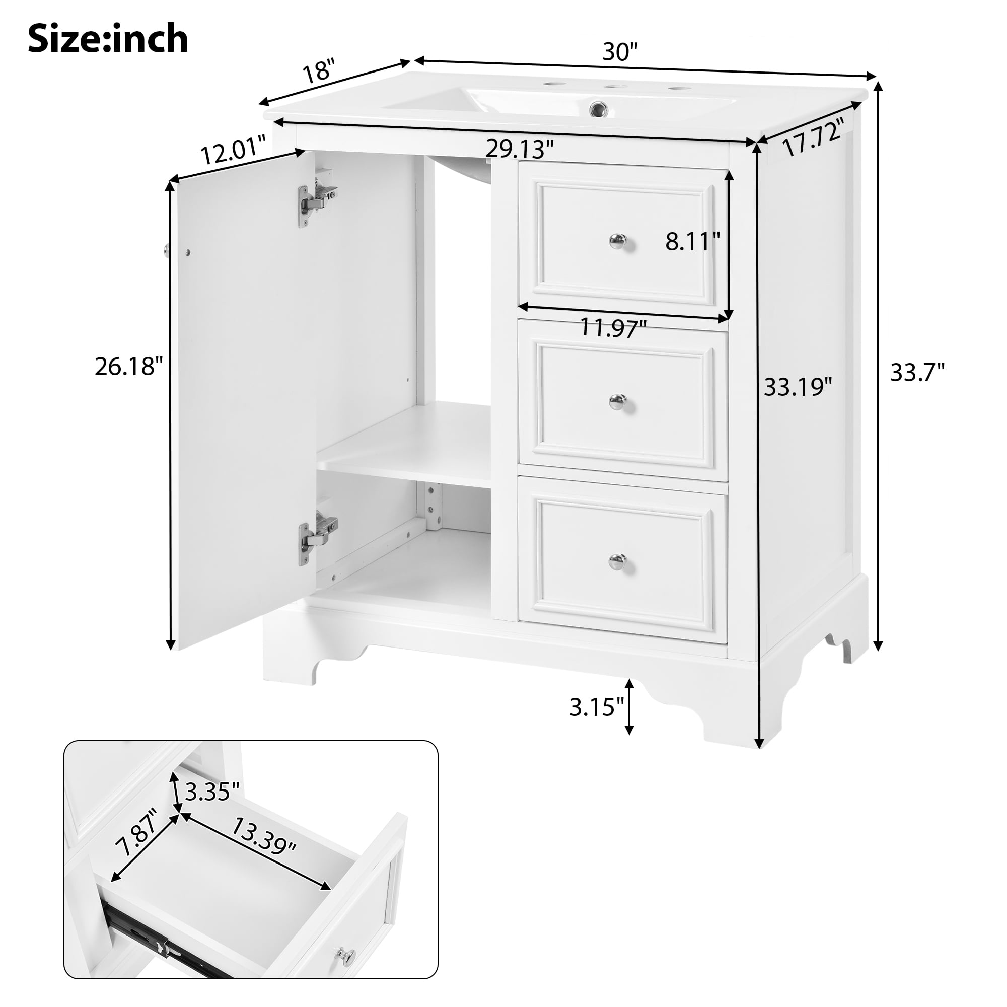 Euroco 30-Inch Bathroom Vanity with Ceramic Sink, 3 Soft-Close Drawers, Adjustable Shelf, Overflow Drain, Solid Wood Frame