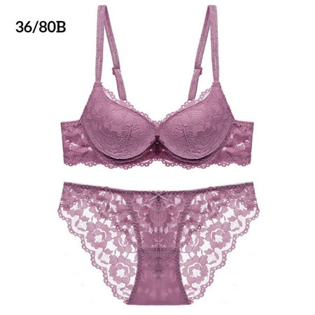 

Lace Bra Set Push up Adjustable Girls Underwear Hollow Breathable Lingerie Purple 36/80B