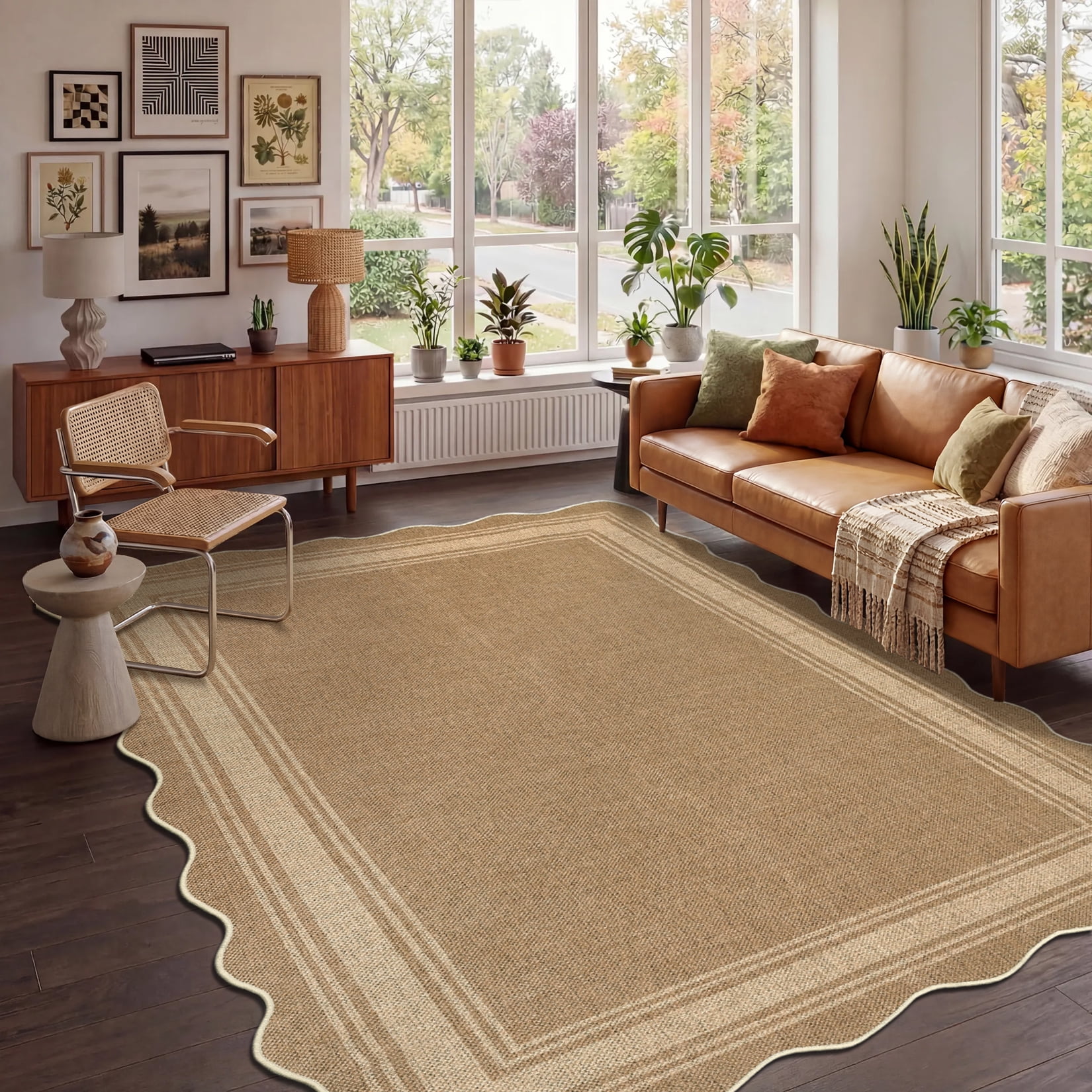 Garvee 9'x12' Scalloped Washable Indoor Outdoor Rug Natural Jute Carpet, Non Slip Low Pile Rug for Patio, Living Room, Bedroom, Home Decor, Heather