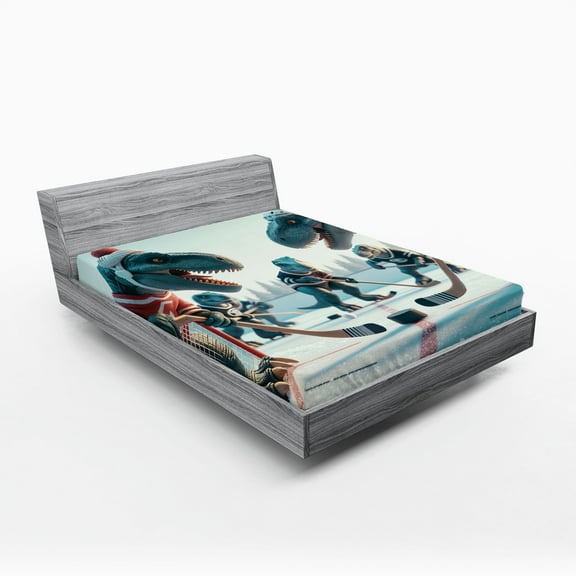 Ambesonne Dinosaur Fitted Sheet, T-Rex Playing Ice Hockey, Full Size, Petrol Blue Pale Ruby