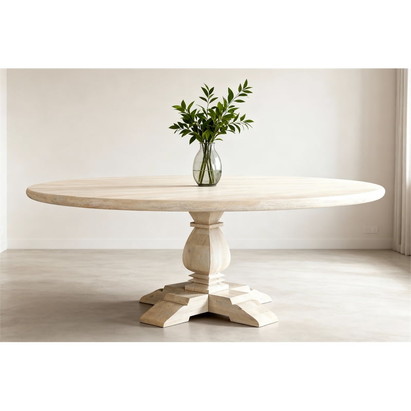 Benedict 71" Round Dining Table in Mango Solid Wood with White Wash Finish