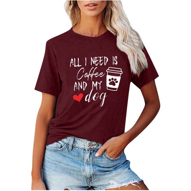 Camiseta Honeeladyy "Todo lo que necesito es café y mi perro" para mujer, con estampado de letras, ideal para amantes de las mascotas, camisetas informales de verano para mamás de perros.