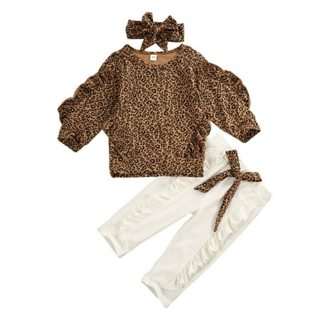 

Mioliknya 3 Pcs Kid s Casual Suit Falbala Leopard Pullover Folded Trousers Headband
