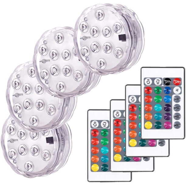 Luces decorativas de paisaje coloridas, iluminación LED impermeable, juego de 4 lámparas sumergibles RGB multicolor con control remoto, ideales para acuarios, piscinas, jardines y entornos acuáticos.