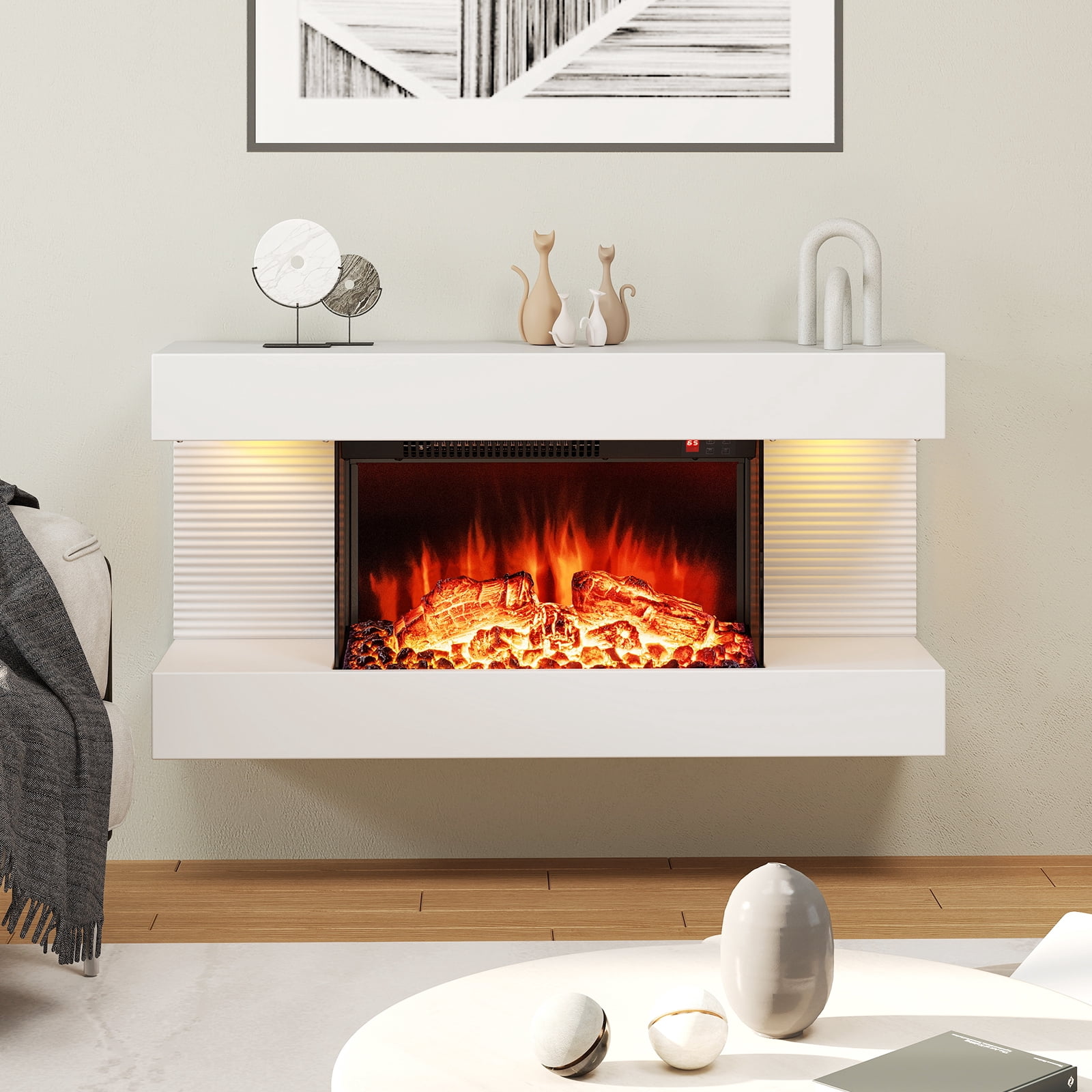 Gymax 18'' Electric Fireplace w/ 32'' Floating Mantel 12-Color Dimmable Flame 8H Timer