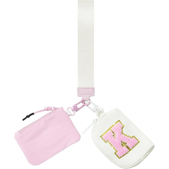 shiyou-Initial Dual Pouch Wristlet Keychain Mini Zip Around Wristlet Wallet Coin Purse for Women, Pink+beige-k