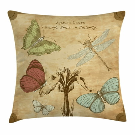 - Dragonfly Throw Pillow Cushion Cover, Retro Style Butterflies with Flower Petals and Grunge Effects Artwork, Decorative Square Accent Pillow Case, 18 X 18 Inches, Sand Brown Caramel, by Ambesonne